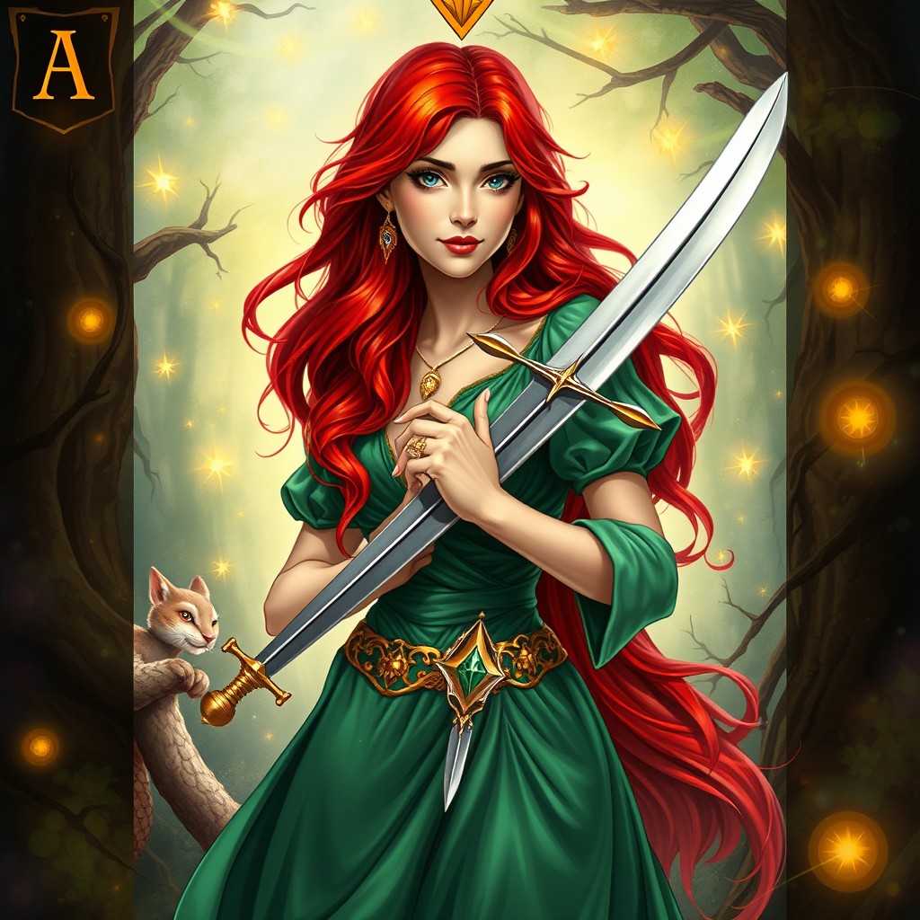 A vivid tarot card illustration of the "Ace of Swords" featuring the character Brave Margaret, depicted in a realistic style