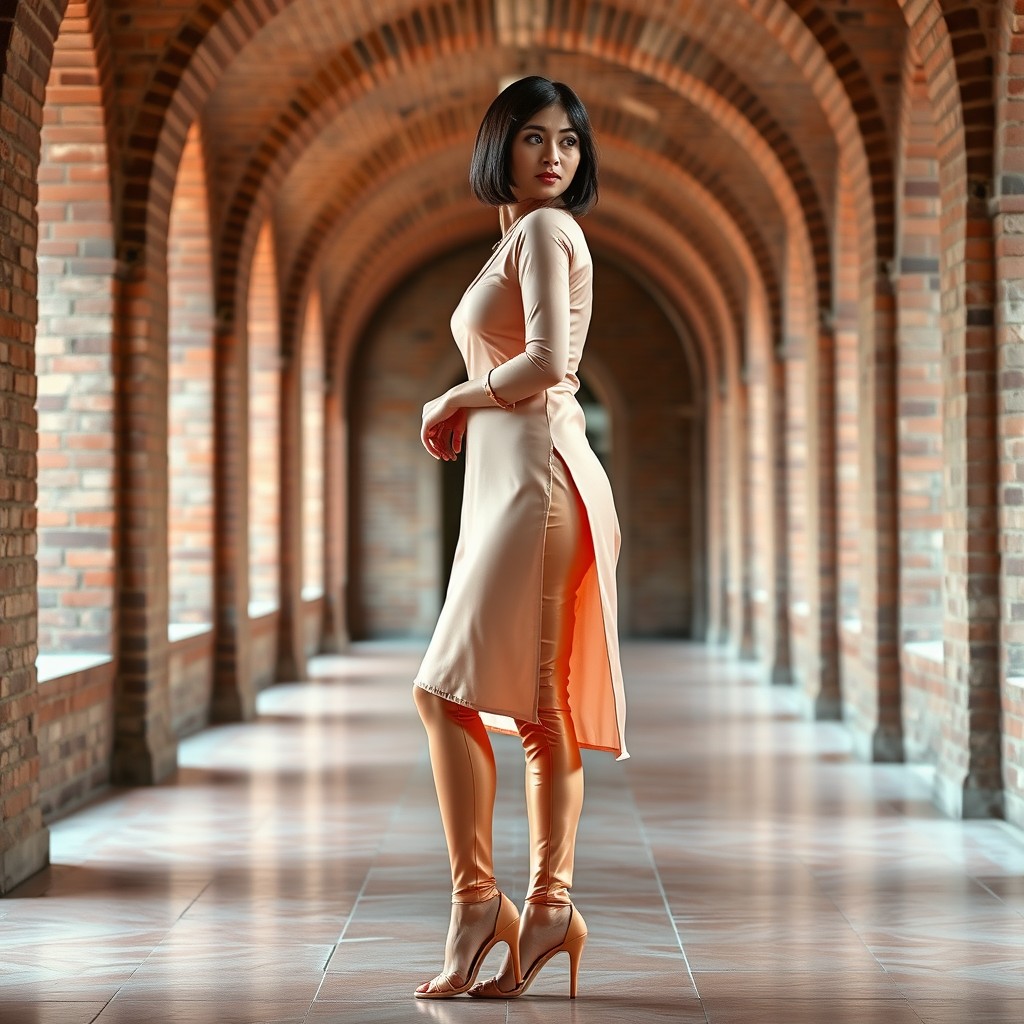A graceful 30-year-old woman standing elegantly in a historical brick-arched corridor