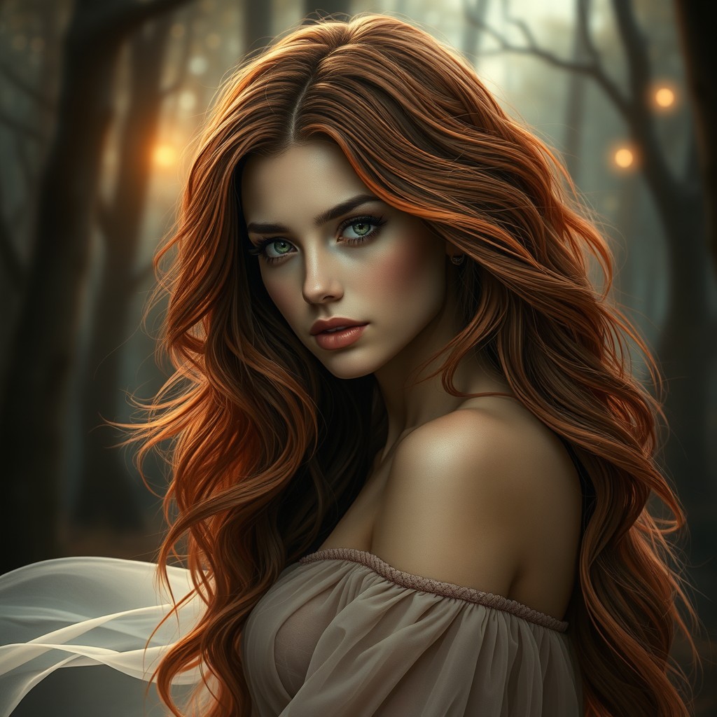 A young woman with long, flowing hair that has a beautiful combination of brownish-reddish hues, resembling the fiery feathers of a cursed Phoenix