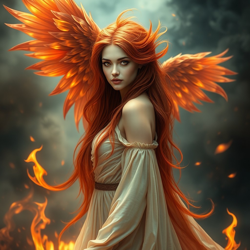 A cursed Phoenix transformed into its human form, featuring vibrant reddish-brown hair that resembles the fiery plumes of a Phoenix, flowing elegantly down her back