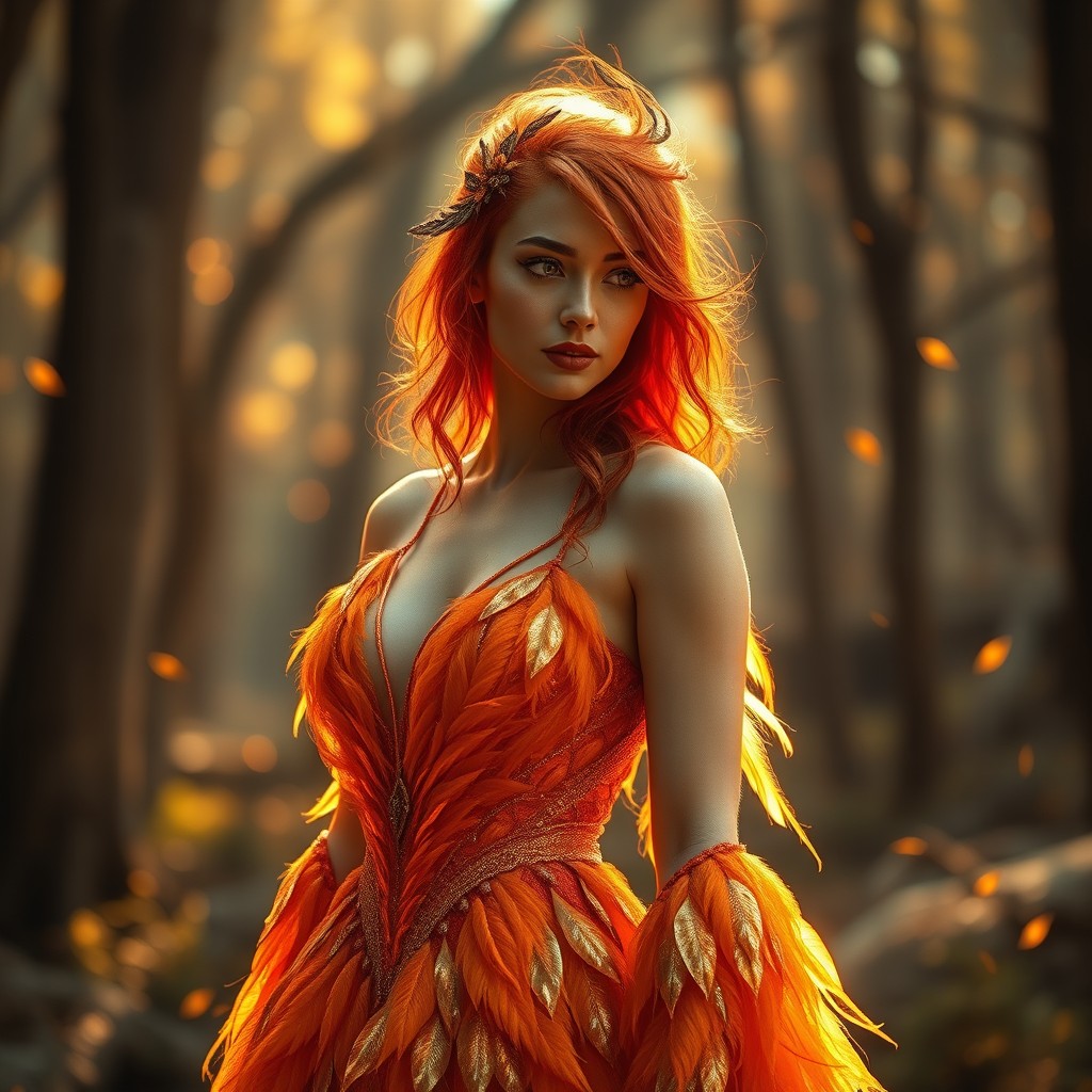 A stunning scene featuring a beautiful woman with fiery red hair and striking orange and gold accents, representing a cursed phoenix that has transformed into her human form