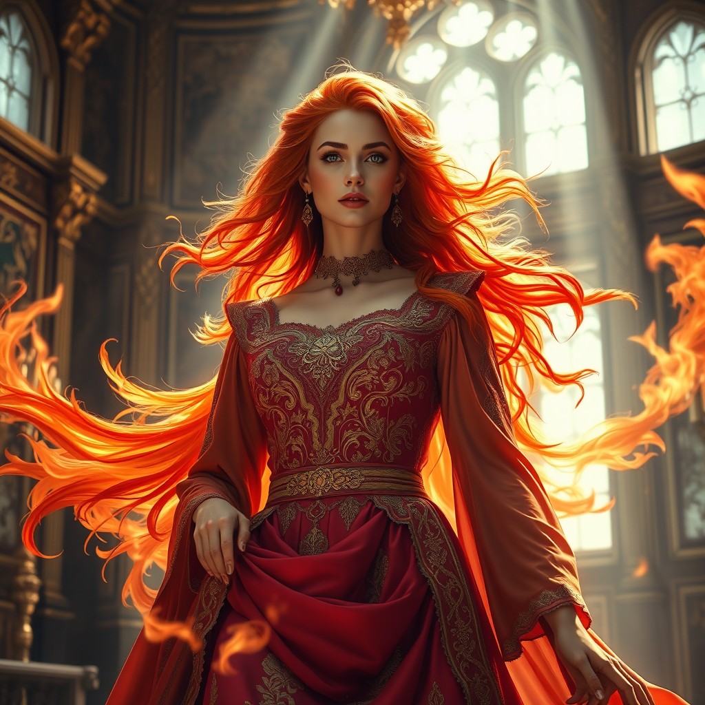 A mesmerizing scene depicting a beautiful woman who embodies a cursed phoenix transformed into her human form