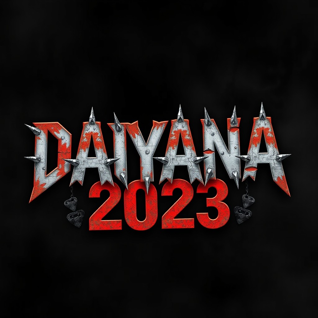 The text 'DAYANA 2023' designed in a metal music style, featuring bold, jagged lettering with a distressed, gritty texture