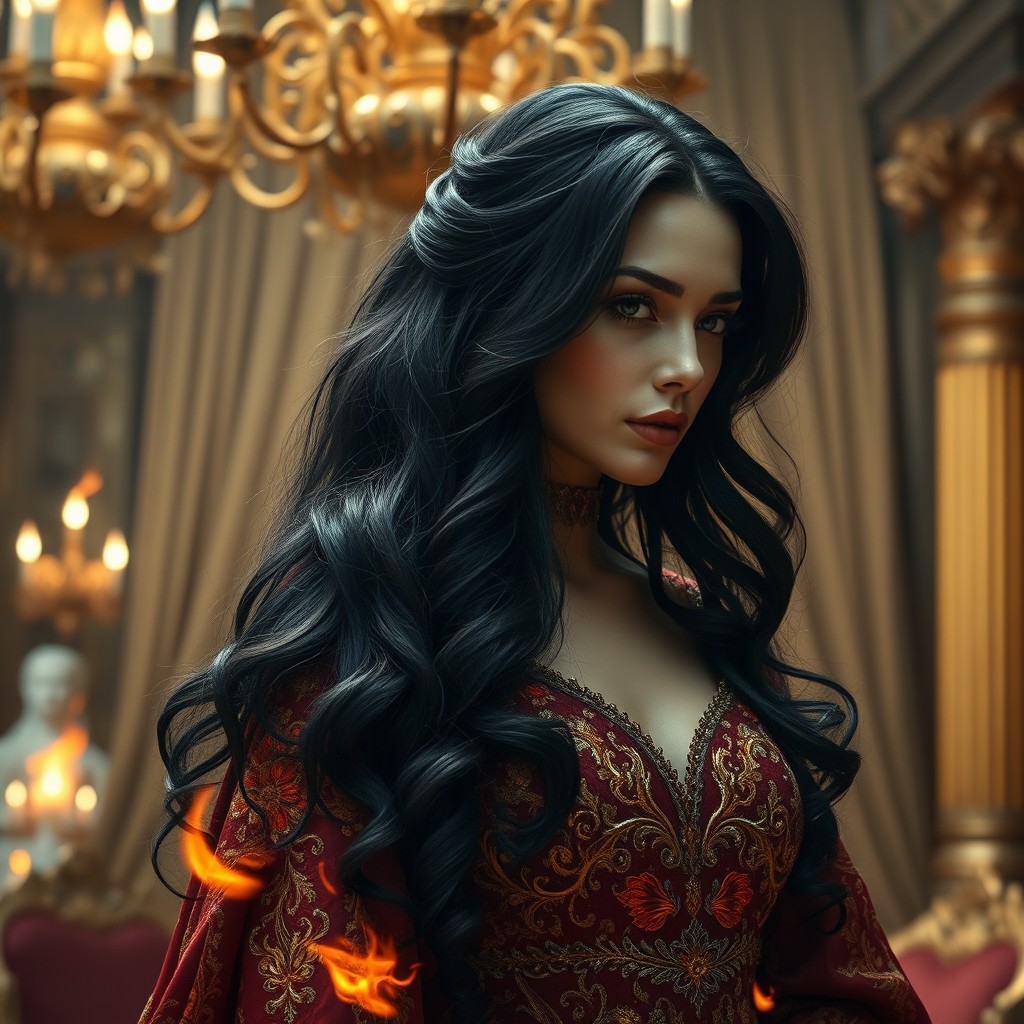 An enchanting scene featuring a woman who is a cursed phoenix, now in her ordinary human form