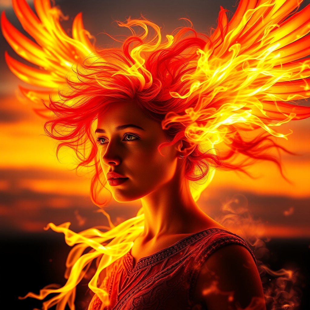 An awe-inspiring image of a young woman in the midst of a transformation into a blazing phoenix