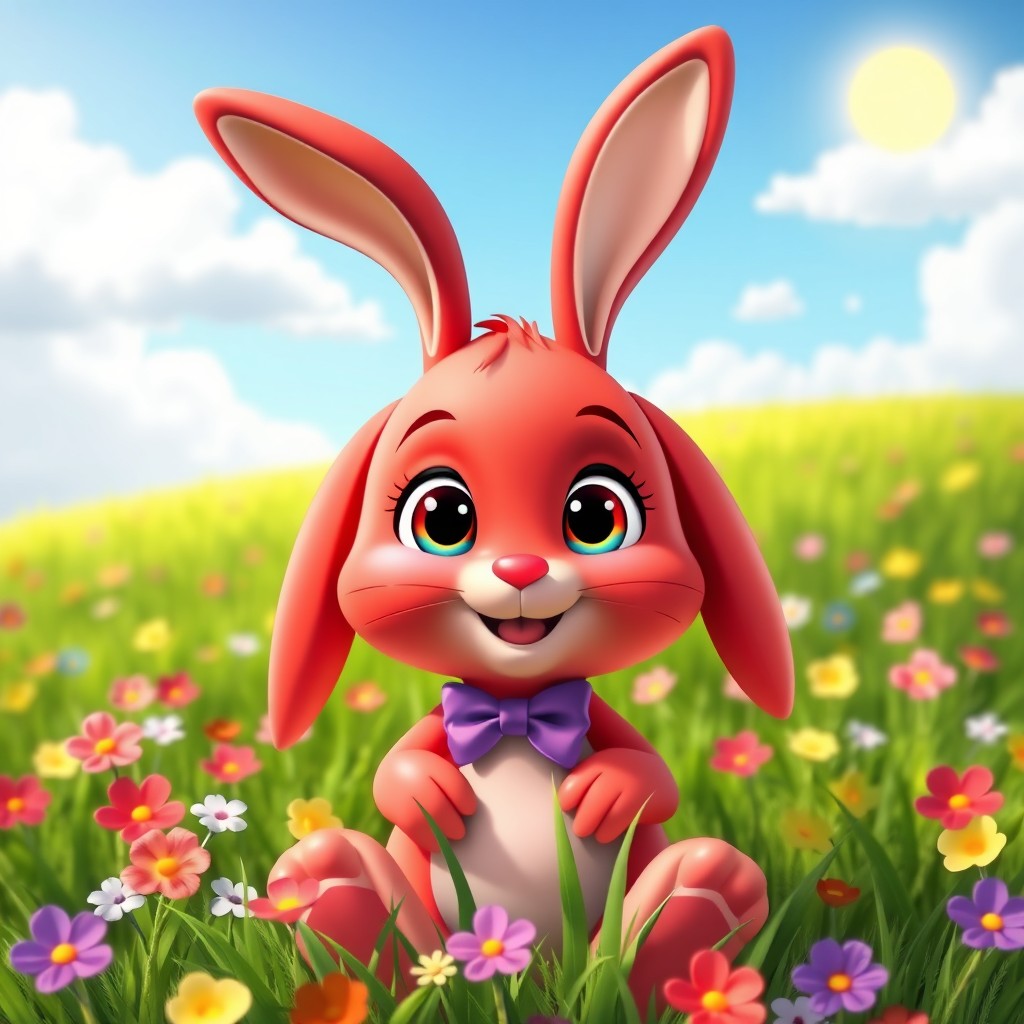 An animated red bunny character, with large expressive eyes, fluffy ears, and a cute smiling face