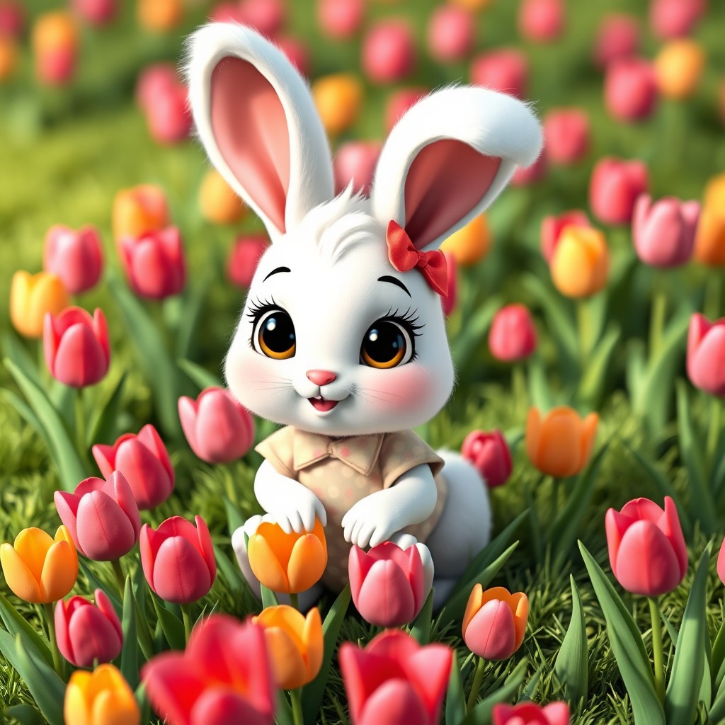 An animated white bunny character dressed in cute, colorful clothing, sitting on a grassy patch filled with vibrant tulips