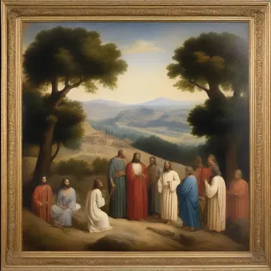 The painting portrays a scene from the Bible, where Jesus teaches his followers amidst an arcadian landscape.