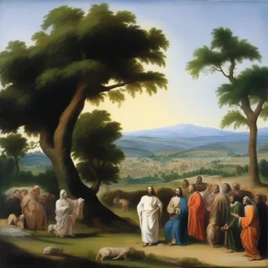 The painting portrays a scene from the Bible, where Jesus teaches his followers amidst an arcadian landscape.