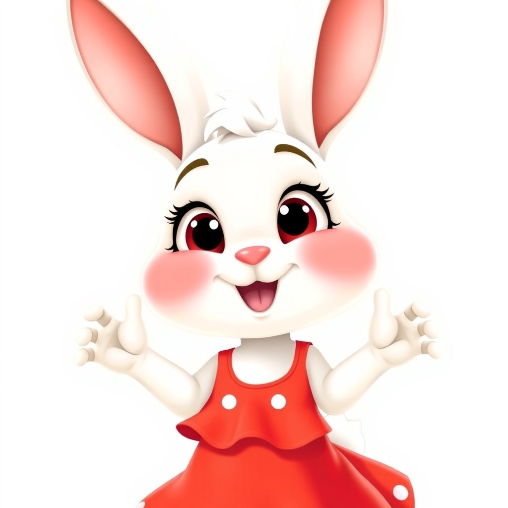 An animated white bunny character wearing a bright red dress, with a cute and cheerful expression