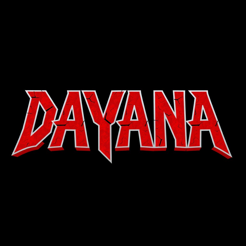 The text "DAYANA 2023" designed in a bold, metal band style, featuring a striking red color with a contrasting white outline to enhance visibility