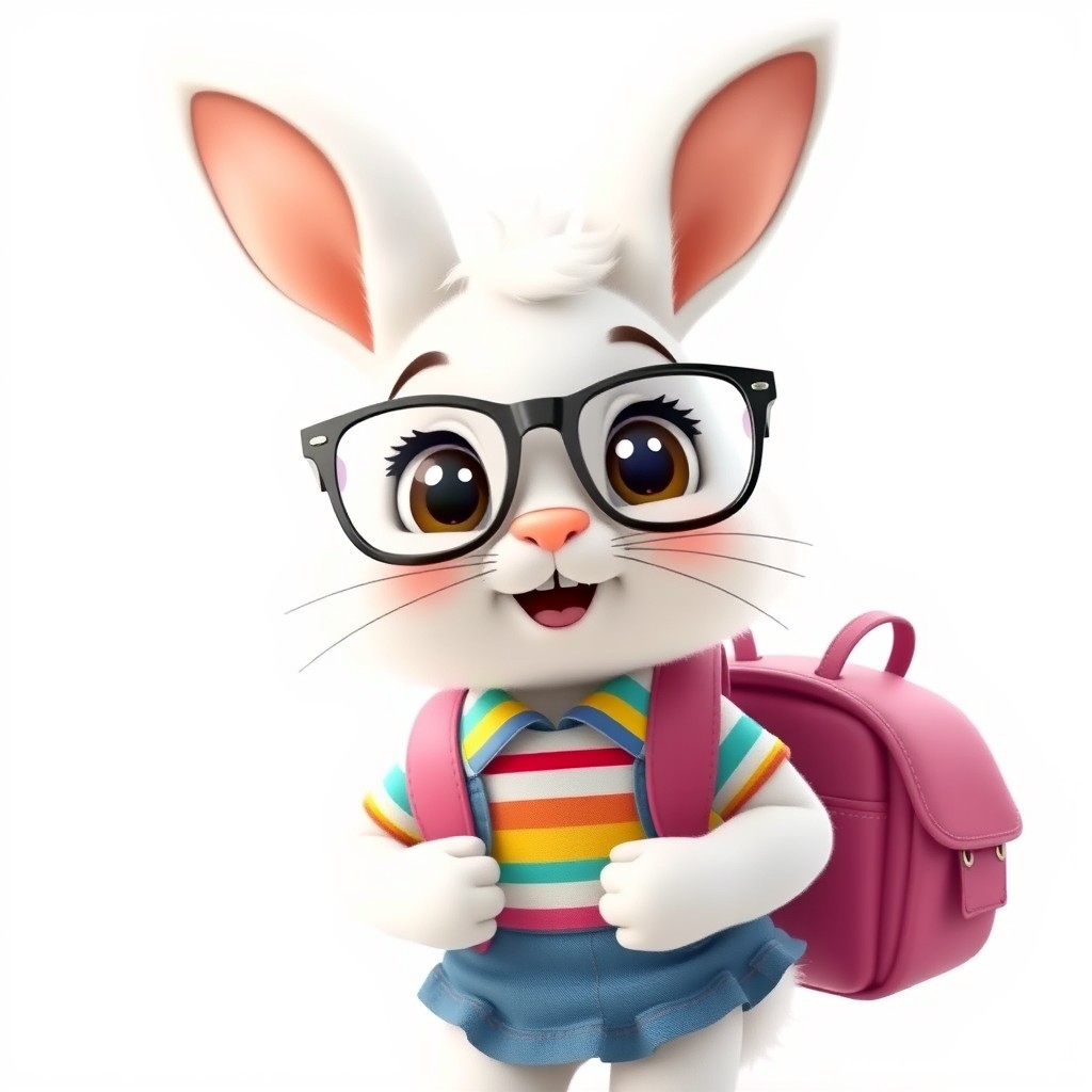 An animated white bunny character dressed in a cute school outfit, complete with a small backpack and oversized glasses resting on its nose