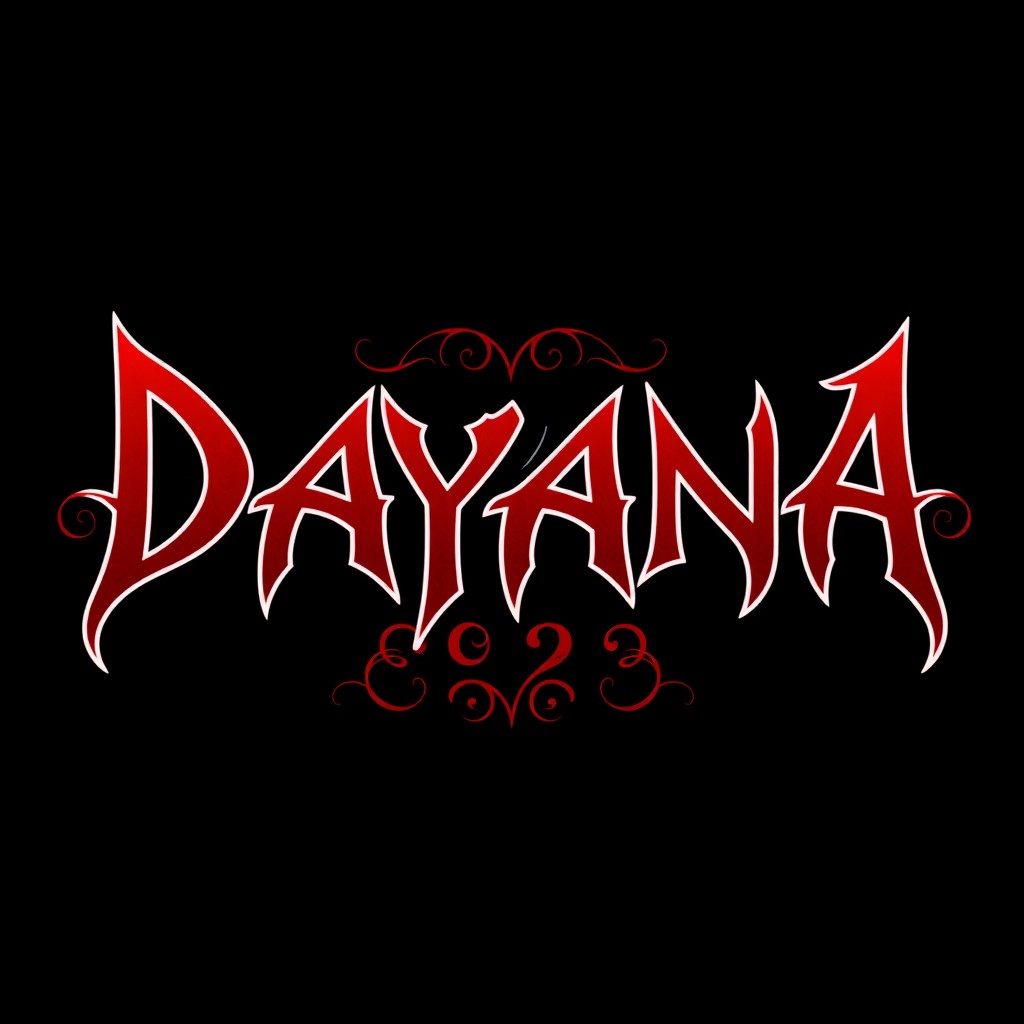 The text "DAYANA 2023" crafted in an elegant metal band style, featuring a rich red color accented with a crisp white outline