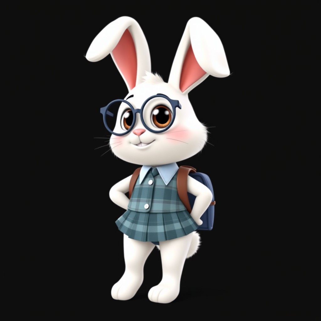 An animated white bunny character dressed in an adorable school outfit, featuring a plaid skirt, a button-up shirt, and round glasses perched on its nose