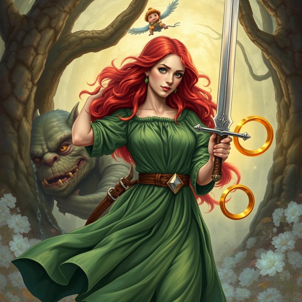 A captivating tarot card illustration of the "Ace of Swords" featuring a realistic portrayal of Brave Margaret