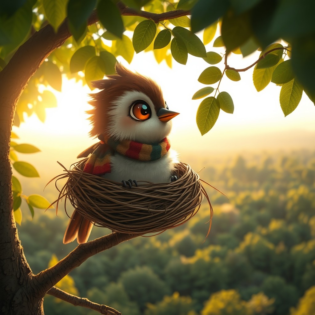A young anthropomorphic sparrow with a small colorful scarf, perched comfortably in a cozy nest high up in a tree, gazing out curiously over an expansive, lush green forest at sunrise