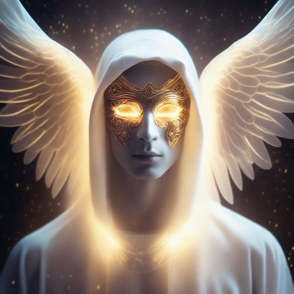 A mysterious man with a face concealed by a bright, luminous mask. His aura is radiant, and ethereal wings of light give off the impression that he's an angel descending from heaven.