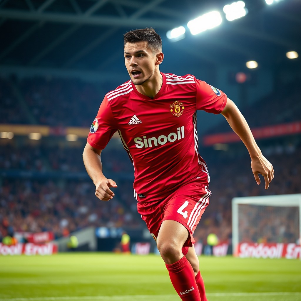 A dynamic football player wearing a red Adidas uniform featuring the Sinooil logo prominently displayed on the jersey