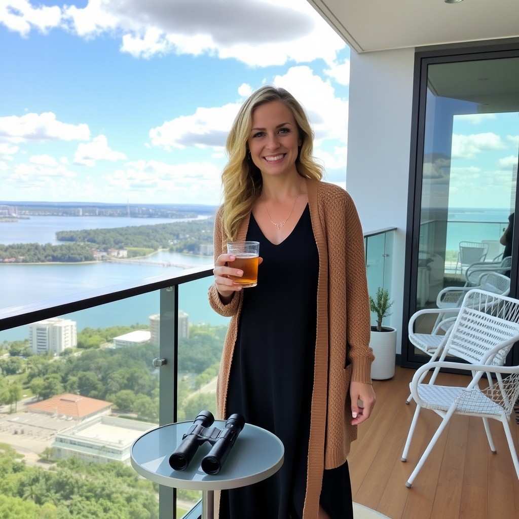 A woman with wavy blonde hair stands on a sunny balcony, smiling brightly at the camera
