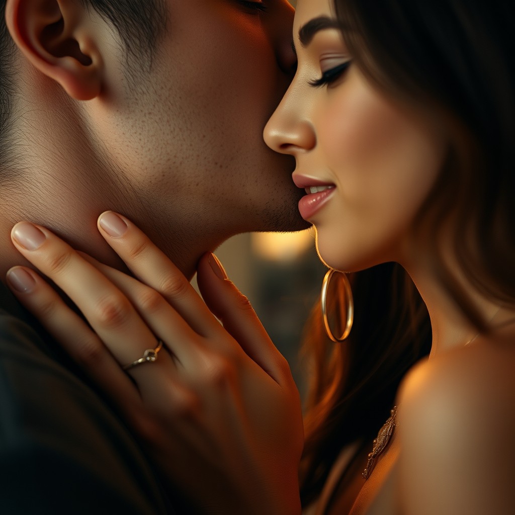 A close-up portrait of a romantically engaged couple, showcasing a passionate moment where one partner gently places a love bite on the neck of the other
