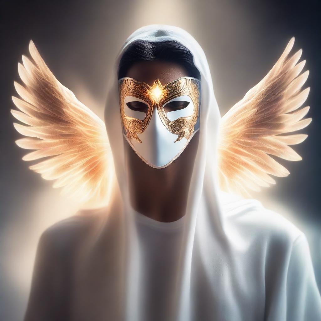 A mysterious man with a face concealed by a bright, luminous mask. His aura is radiant, and ethereal wings of light give off the impression that he's an angel descending from heaven.