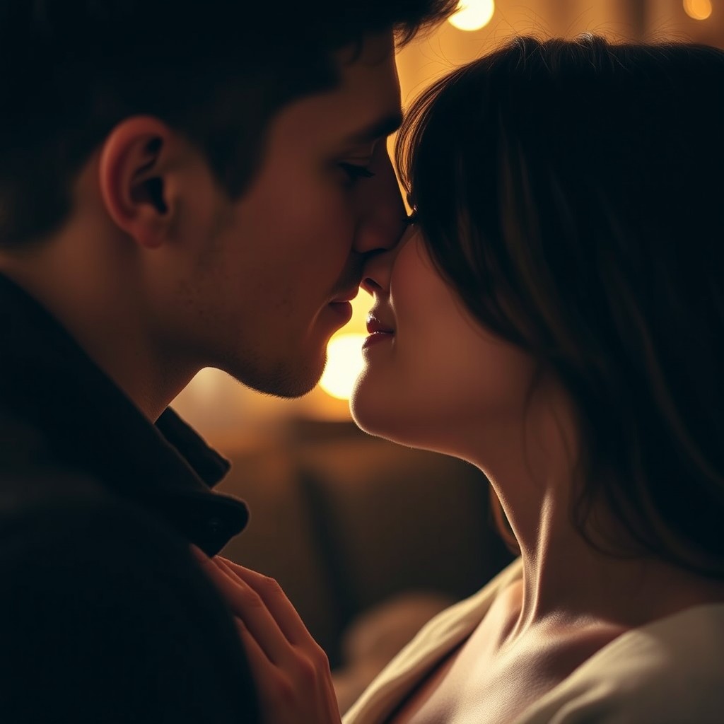 A close-up of a couple sharing an intimate moment, showcasing a passionate kiss that leaves a love bite on the neck of one partner