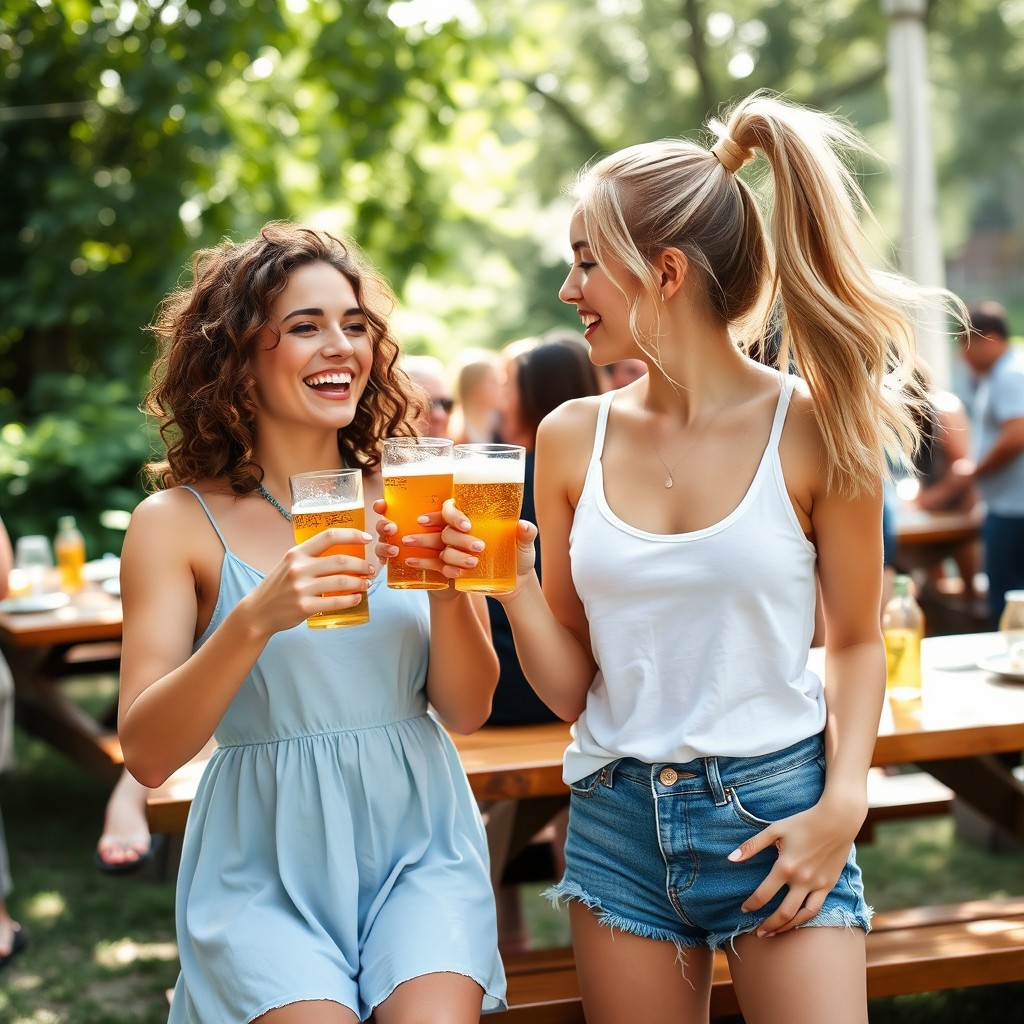Two young women enjoying a casual outdoor gathering, laughing and toasting with cold beers in their hands