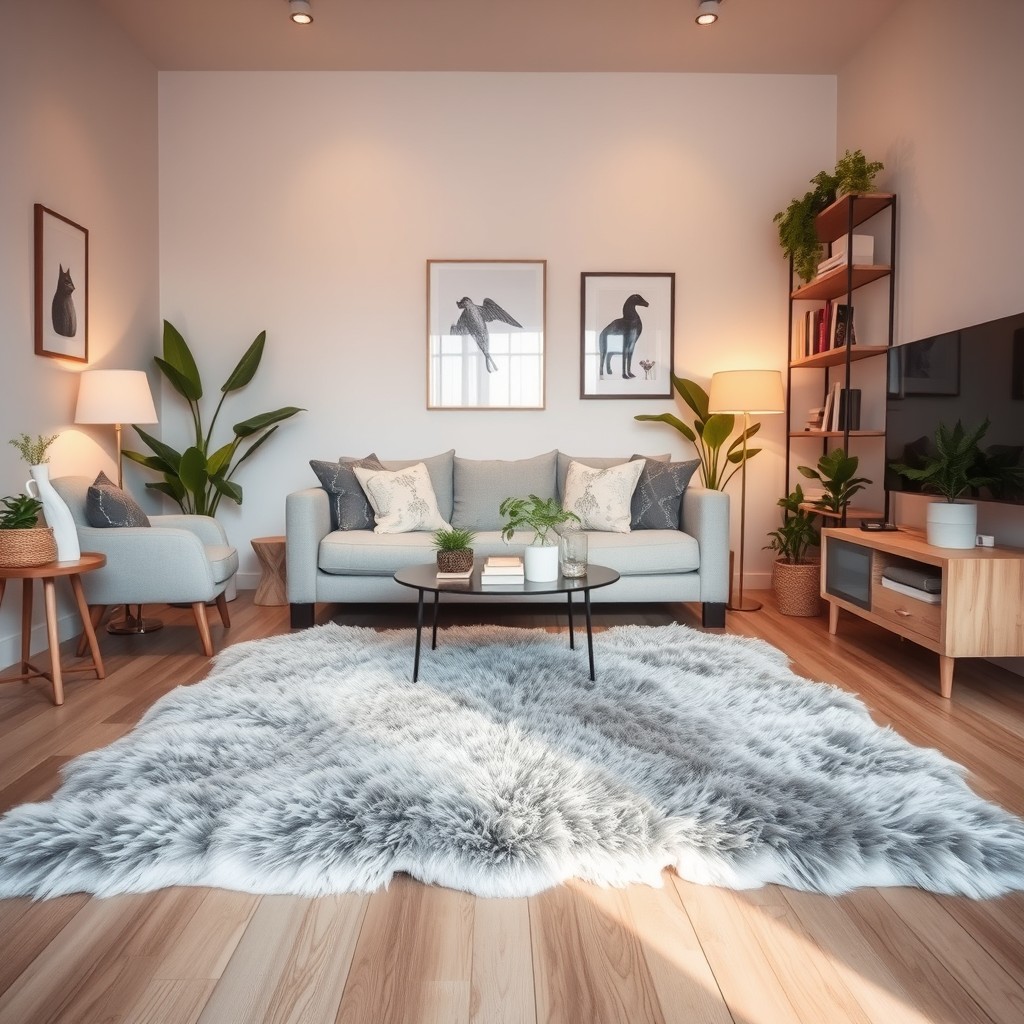 A cozy living room interior featuring a stylish grey fur rug on a wooden floor