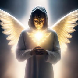 A mysterious man with a face concealed by a bright, luminous mask. His aura is radiant, and ethereal wings of light give off the impression that he's an angel descending from heaven.