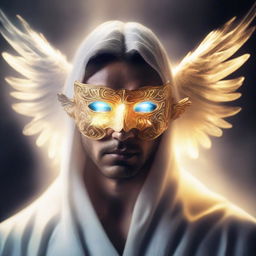 A mysterious man with a face concealed by a bright, luminous mask. His aura is radiant, and ethereal wings of light give off the impression that he's an angel descending from heaven.