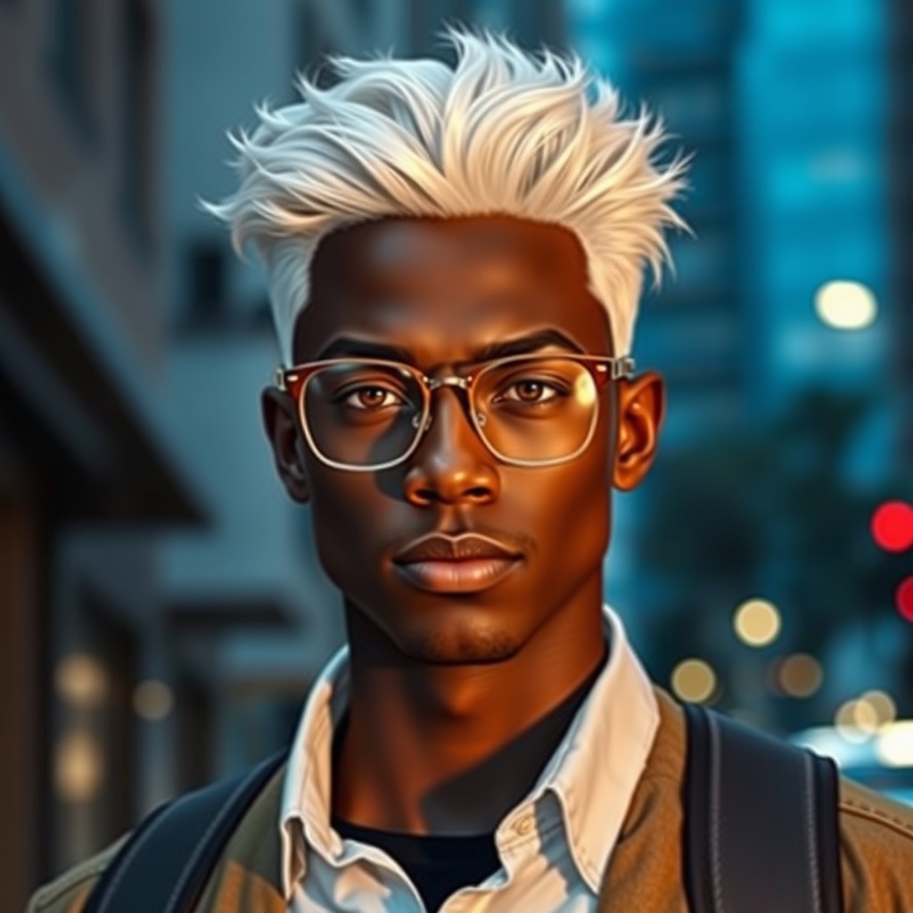 A 26-year-old man with white hair and dark skin