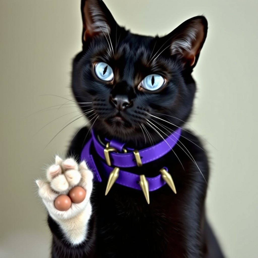 A sleek black cat with striking ice blue eyes, displaying an elegant white left paw and a fashionable purple collar adorned with sharp canine fangs