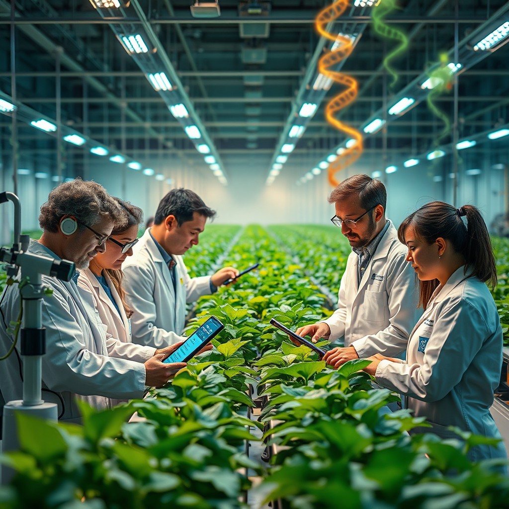 An imaginative scene depicting scientists in a high-tech laboratory, altering the immune genes of crops to protect them from pests