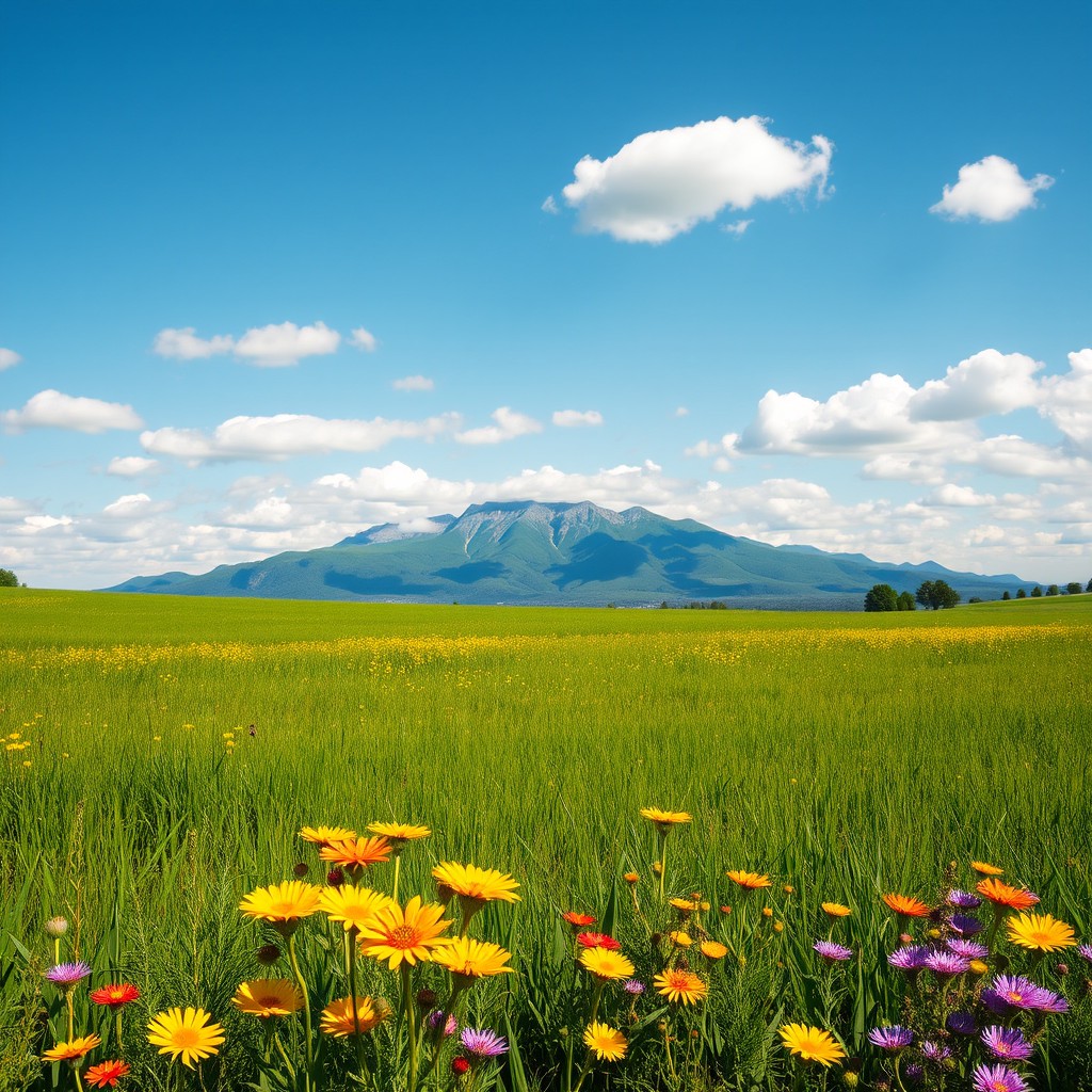 A vibrant landscape showcasing lush green fields under a clear sky with scattered white clouds and a picturesque mountain range in the distance