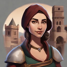 Create a 2D painted portrait of a female player avatar in the style of 'Forge of Empires', with medieval-inspired clothing and an immersive historical setting.