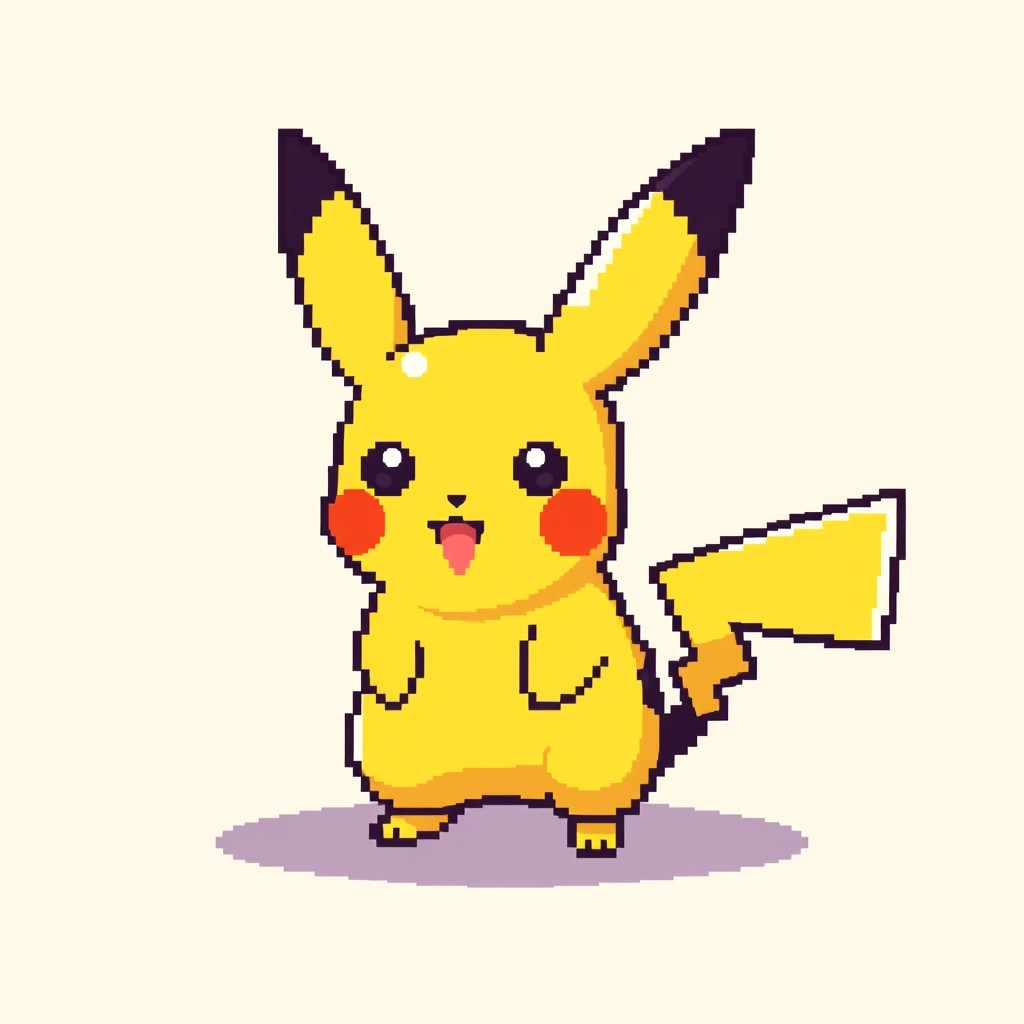 A small, pixel art style illustration of Pikachu, with bright yellow colors and distinct facial features, showcasing its iconic long ears and lightning bolt-shaped tail, set against a simple background with soft colors to enhance its cuteness