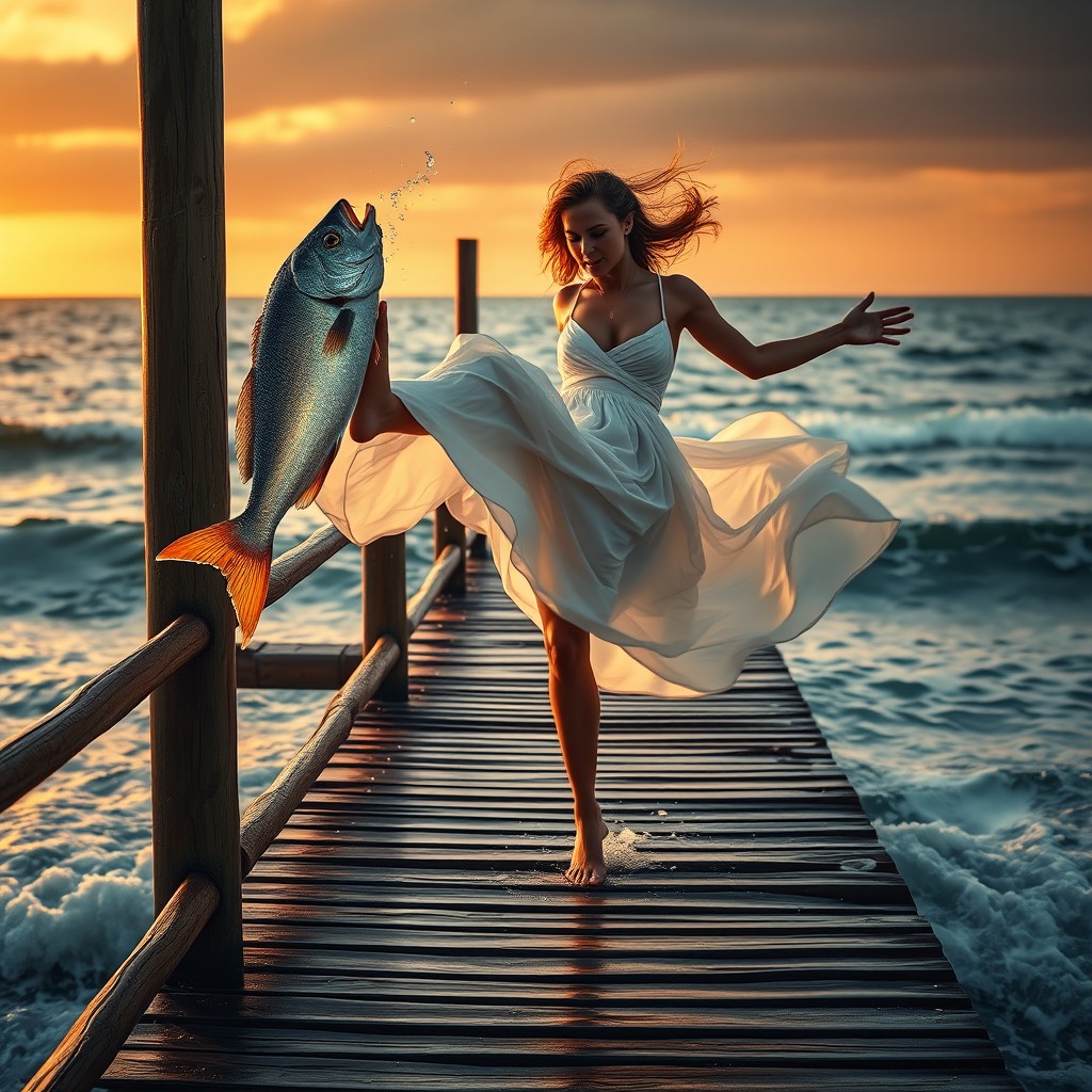 A dramatic hyperrealistic scene of a woman in a flowing white dress energetically kicking a realistic, glistening fish into the air from a wooden pier