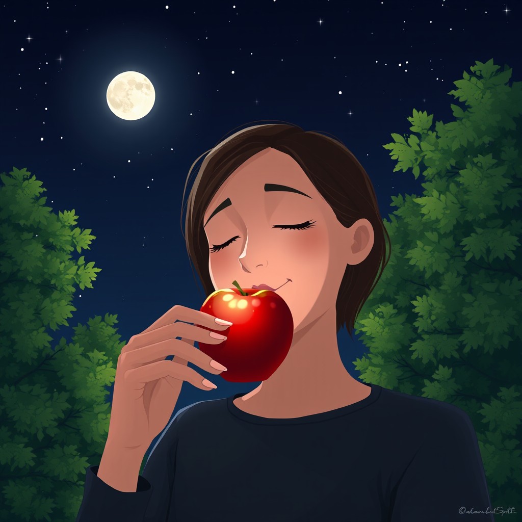 A serene night scene featuring a person enjoying a shiny red apple under a starlit sky