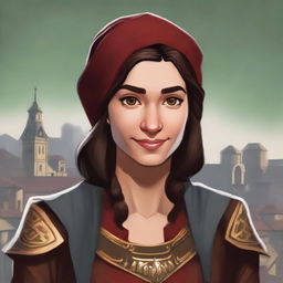 Create a 2D painted portrait of a female player avatar in the style of 'Forge of Empires', with medieval-inspired clothing and an immersive historical setting.