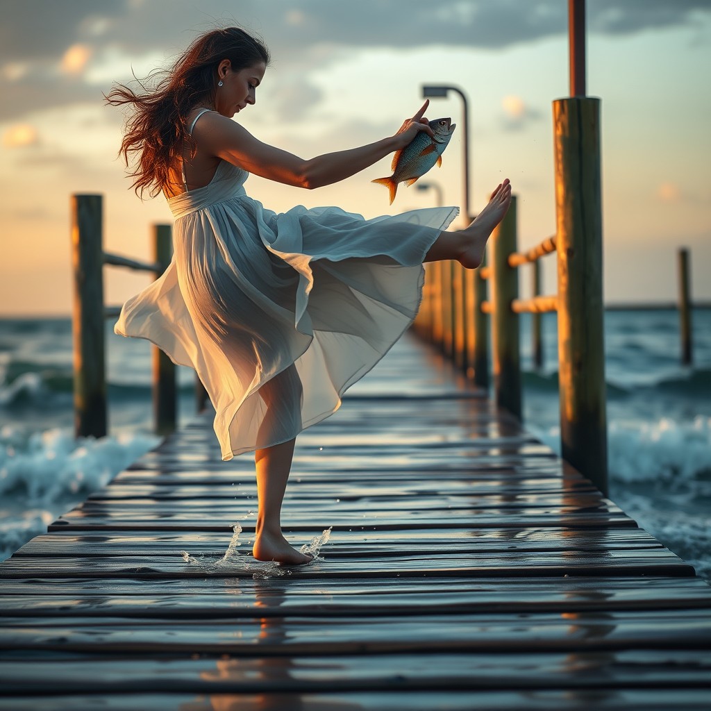 A dramatic hyperrealistic scene of a woman in a flowing white dress energetically kicking a small realistic fish into the air on a wooden pier