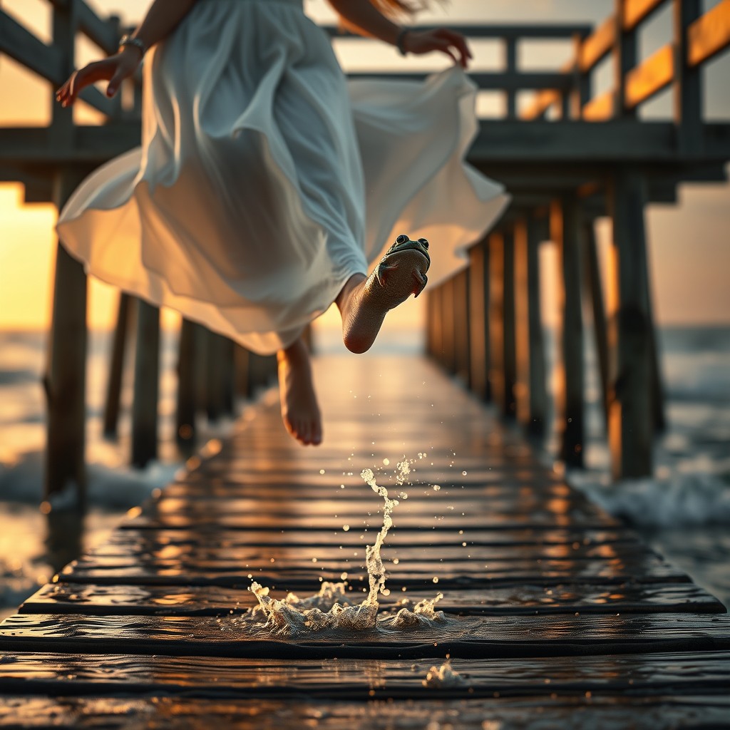 A dramatic hyperrealistic scene featuring a woman in a flowing white dress, gracefully kicking a realistic small frog into the air from a wooden pier