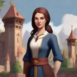 Create a 2D painted portrait of a female player avatar in the style of 'Forge of Empires', with medieval-inspired clothing and an immersive historical setting.