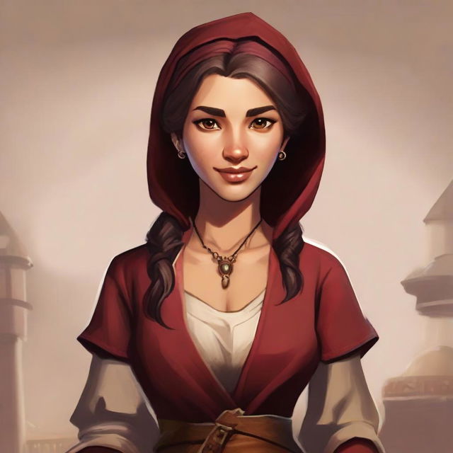 Create a 2D painted portrait of a female player avatar in the style of 'Forge of Empires', with medieval-inspired clothing and an immersive historical setting.