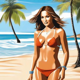 A tasteful digital art representation of a young Jennifer Lopez dressed in a stylish bikini