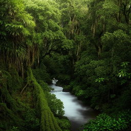 A serene river flowing gracefully through the heart of a vibrant, lush jungle