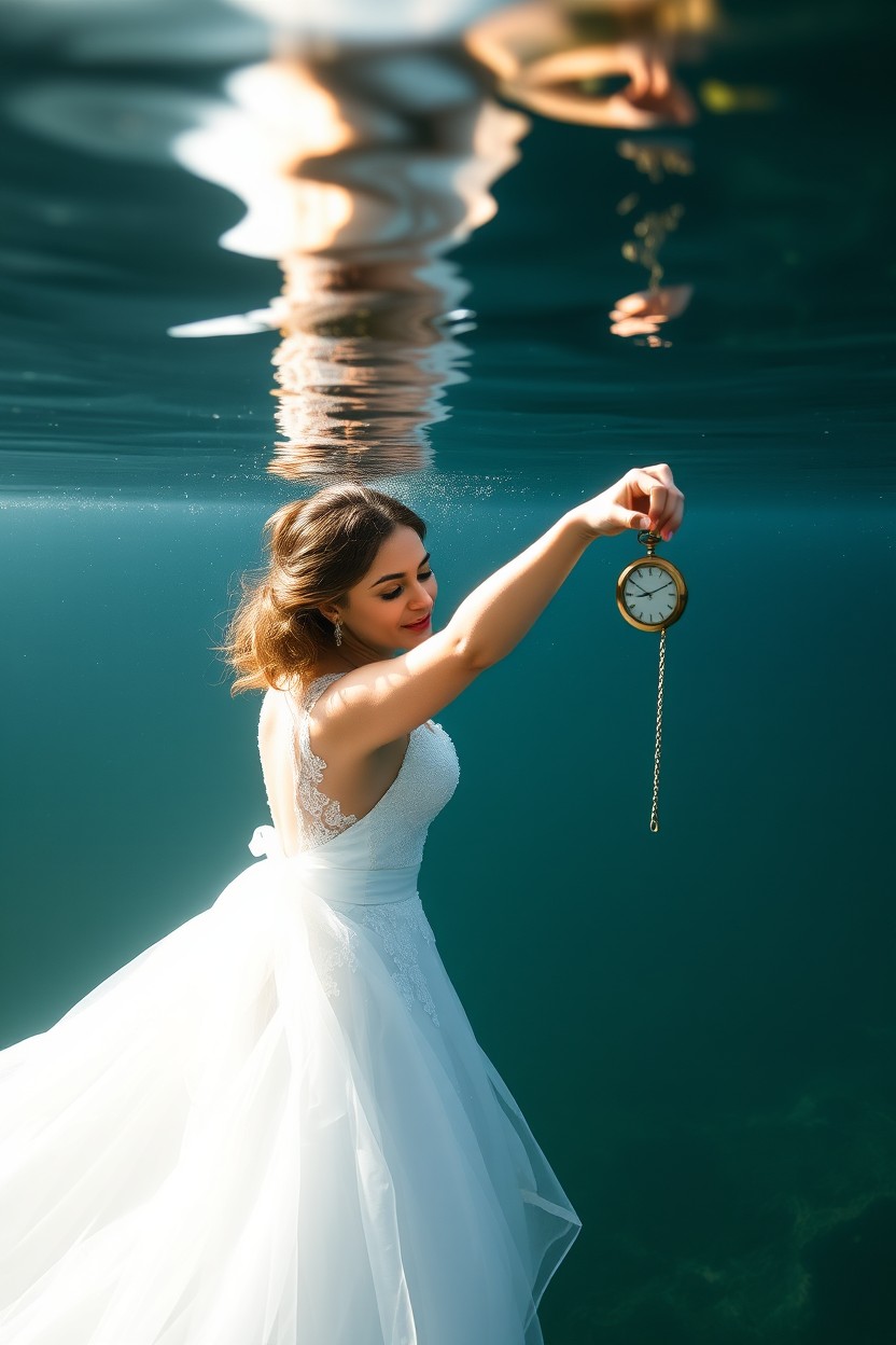 A woman in a beautiful wedding dress diving into a tranquil lake, gracefully reaching out to grab a vintage pocket watch with a chain, surrounded by serene nature, the sunlight reflecting off the water surface, creating a magical atmosphere