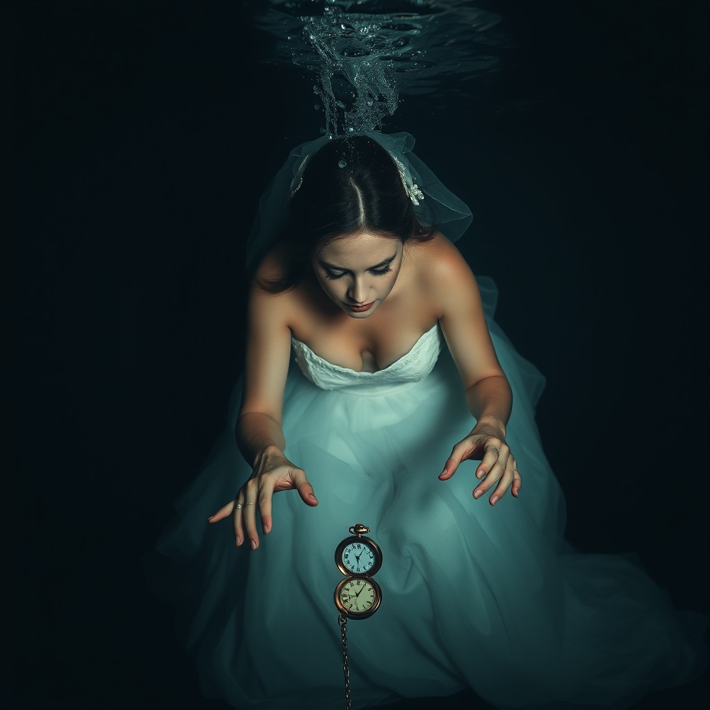 A woman in a beautiful wedding dress diving into a dark and haunting lake, her expression sorrowful as she reaches down with both hands to grasp a vintage pocket watch with a chain resting at the bottom
