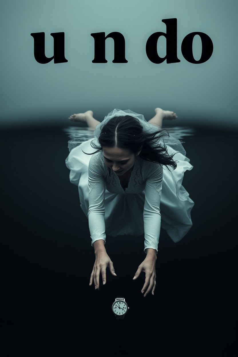 A woman in a wedding dress diving into a lake to retrieve a wristwatch