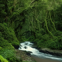 A serene river flowing gracefully through the heart of a vibrant, lush jungle