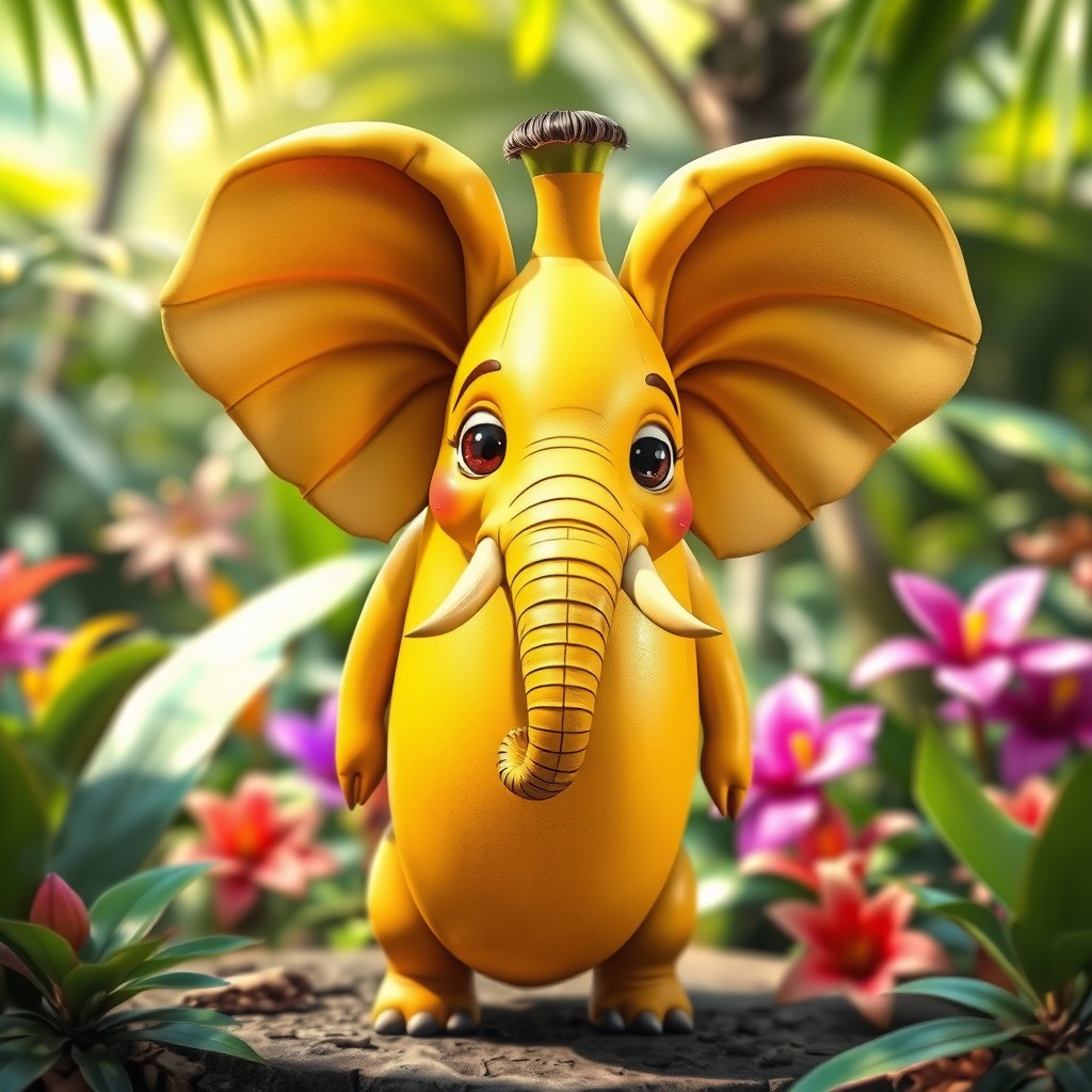 A whimsical creature that combines features of a banana and an elephant